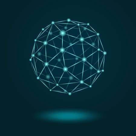Vector illustration of wireframe sphere glowing on dark blue background. Abstract geometric polygonal object with lines and dots connectedのイラスト素材