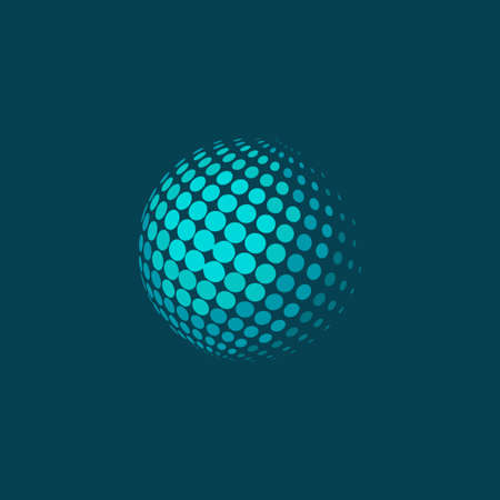 Vector illustration of abstract dotted halftone sphere on blue background. Plane colorsのイラスト素材