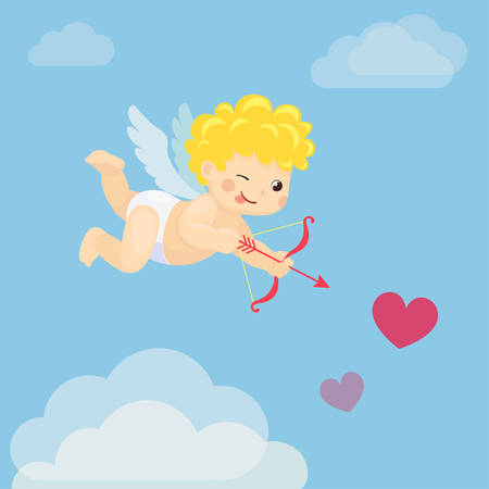 Vector illustration of flying playful Cupid with bow and arrow on blue backgroundのイラスト素材