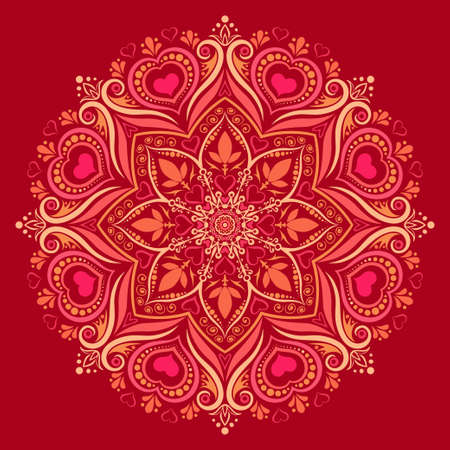 Vector illustration of a round mandala pattern with hearts interwoven in colorful ornamentのイラスト素材