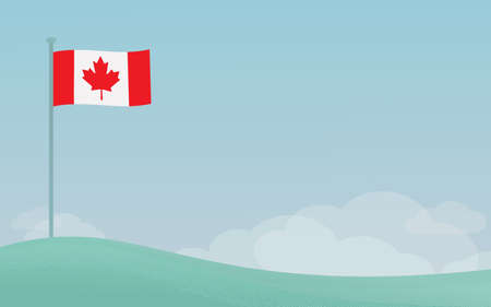 Vector illustration of national Canadian flag waving on a pole against blue sky background with copyspaceのイラスト素材