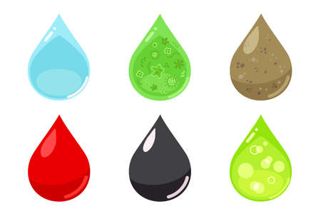 Various droplets: clean, infected and dirty water, drops of blood, oil and toxic liquid. Vector illustration isolated on white backgroundのイラスト素材