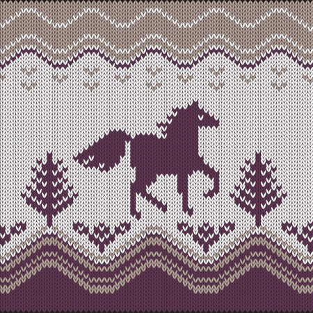 Seamless knitting pattern with horse, trees and flowersのイラスト素材