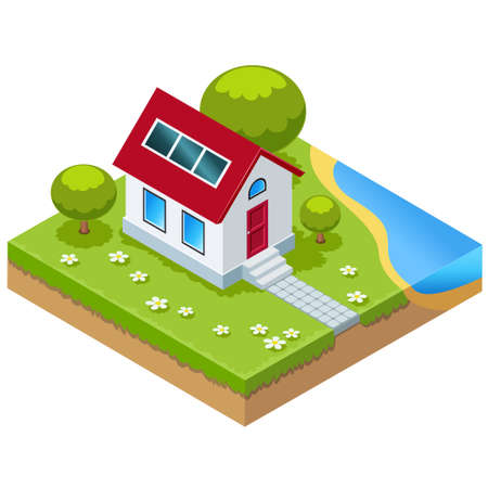 Vector illustration of Eco-house with solar cells in isometric viewのイラスト素材