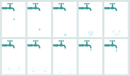 Vector illustration of water tap dripping with water drop and splash. Sprite sheet isolated on white background. Can be used for GIF animationのイラスト素材