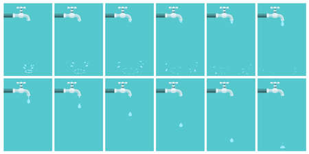 Vector illustration of water tap dripping with water drop and splash. Sprite sheet on blue background. Can be used for GIF animationのイラスト素材