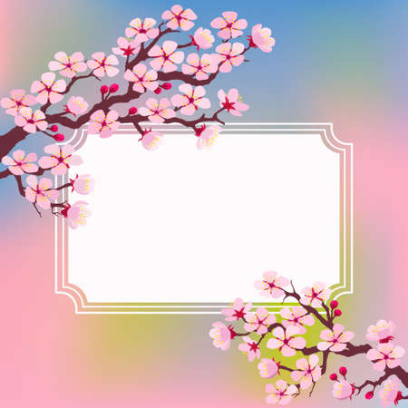 Vector illustration of template greeting card with with frame and blossoming tree branchesのイラスト素材