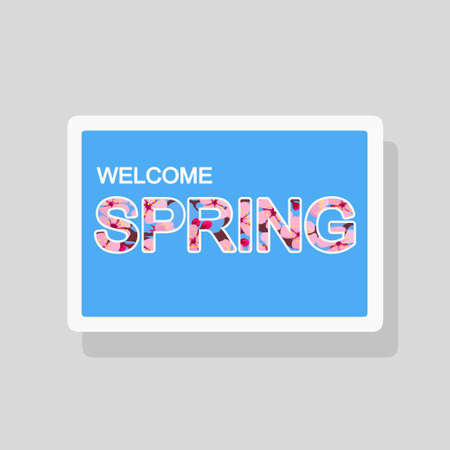 Vector double exposure illustration of Welcome Spring greeting card with flowers forming text silhouetteのイラスト素材