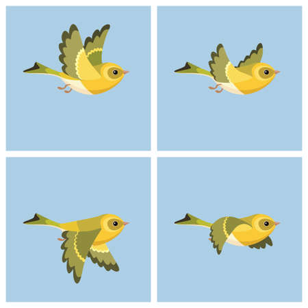 Vector illustration of cartoon flying European Siskin (female) sprite sheet. Can be used for GIF animationのイラスト素材