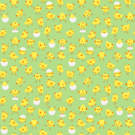 Vector seamless Easter pattern with tiny chicks in various poses on pastel green backgroundのイラスト素材