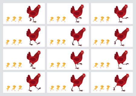 Walking red hen and chicks sprite sheet isolated on white background. Vector illustration. Can be used for GIF animationのイラスト素材