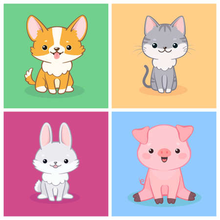 Vector set of cute amusing cartoon dog, piglet, cat and rabbit on colorful background. Can be used for baby shower invitation and greeting cardsのイラスト素材
