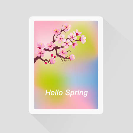 Vector illustration of Hello Spring greeting card with blossoming tree branchのイラスト素材