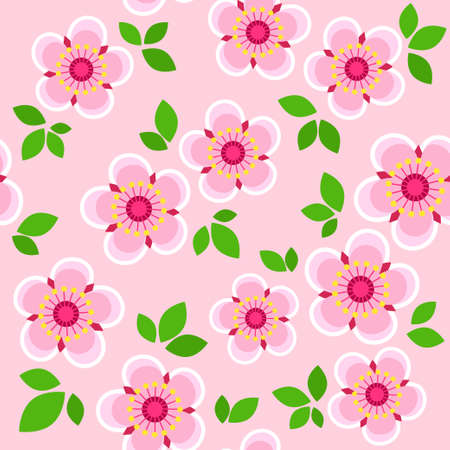 Vector seamless pattern spring pink flowers and leavesのイラスト素材
