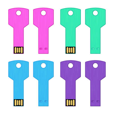 .Set of colorful USB key flash drive back view and front view. Empty template for corporate identity. Simple flat vector illustration isolated on white backgroundのイラスト素材