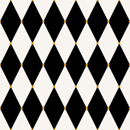 Seamless harlequin check pattern in black and white with gold dots. Vector geometric backgroundのイラスト素材