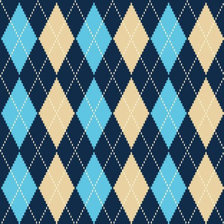 Seamless argyle check pattern in blue and beige with dotted white stitch. Vector geometric backgroundのイラスト素材