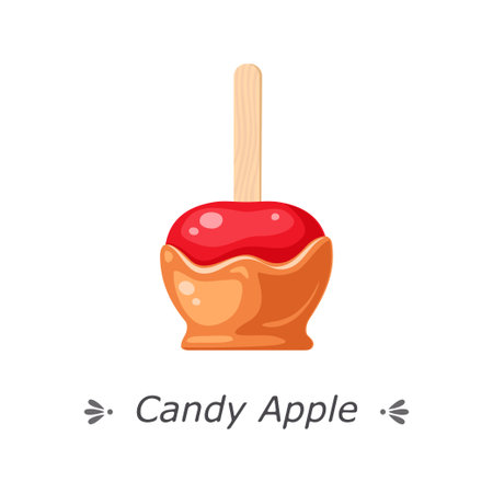 Caramel candy apple with wooden stick. Vector illustration isolated on white backgroundのイラスト素材