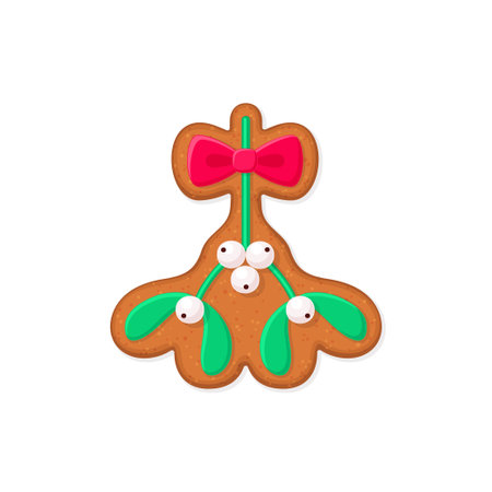 Mistletoe shaped Christmas gingerbread cookie with icing decoration. Vector illustrationのイラスト素材
