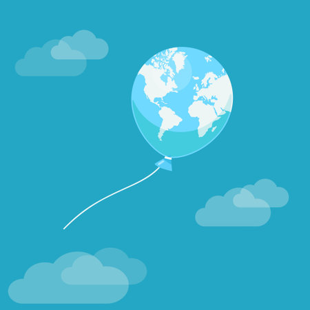 Earth globe balloon with World map flying in skyのイラスト素材