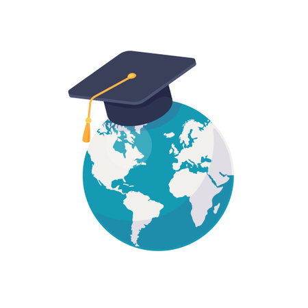 Earth globe in academic mortarboard graduation cap. Vector illustration isolated on white backgroundのイラスト素材