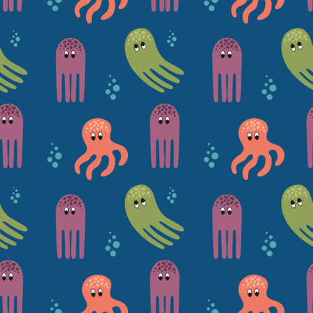 Sea seamless pattern in cartoon style octopusのイラスト素材