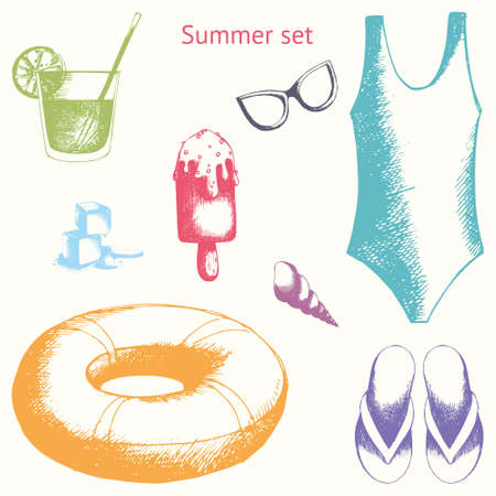 Summer set. Hand drawing. Vector illustration for design and decorationのイラスト素材