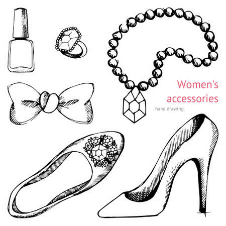 Women's accessories hand drawn set.のイラスト素材