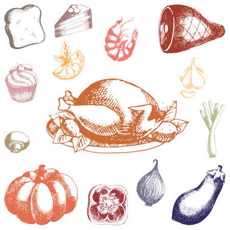 Food. Vector set. Manual drawing for the design and design of packaging paper, textiles, surfaces, printing products and web designのイラスト素材