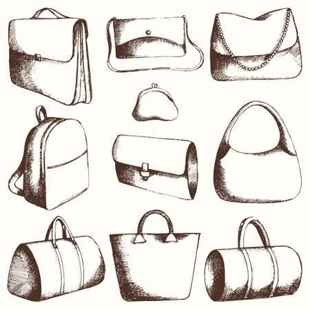 Bags. Vector set. Manual drawing for design and surface design, packaging paper and web design.のイラスト素材