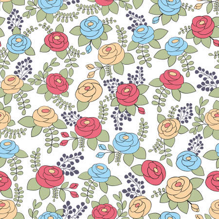Yellow, blue and red roses. Vector seamless pattern for design and decoration of textiles, printed products, wallpapers, surfaces and web designのイラスト素材