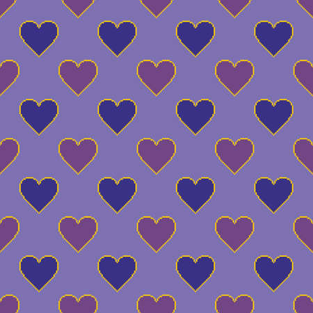 Pixel hearts on a purple background. Vector seamless pattern for design and decoration of textile...