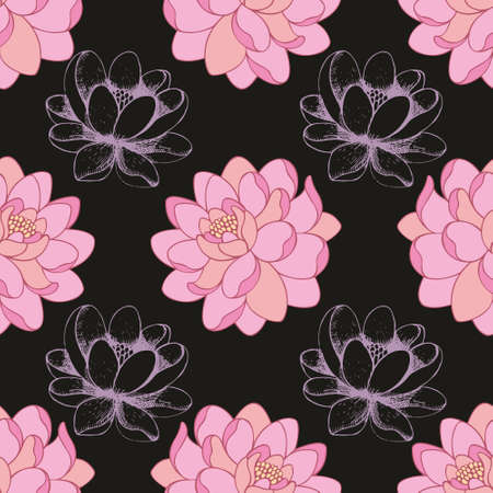 Pink flowers on a black background in combination with a hand drawing. Vector seamless pattern for design of textile, wallpaper, cover, background and packagingのイラスト素材