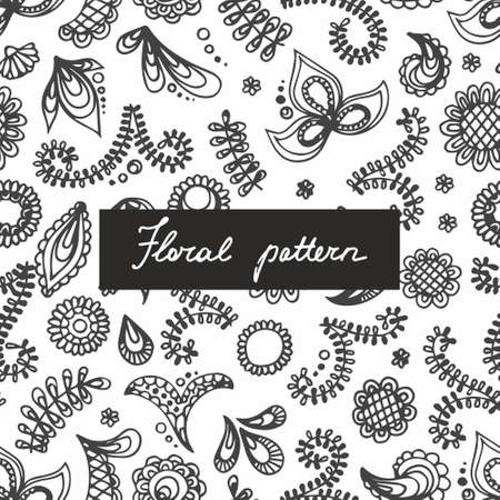 Seamless pattern with small plants and flowers. Hand drawing. Linear pattern for the design of surfaces, textiles, curtains, wallpaper, packaging and wrapping paper, covers and otherのイラスト素材