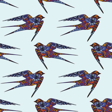 Swallow. Hand drawing. Vector seamless pattern on a blue background for design and decoration of textiles, wallpapers, packaging and wrapping paper, clothes, covers and other surfacesのイラスト素材