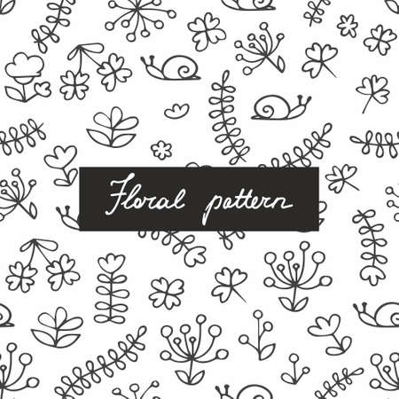 Seamless pattern with small plants and flowers. Hand drawing. Linear pattern for the design of surfaces, textiles, curtains, wallpaper, packaging and wrapping paper, covers and otherのイラスト素材