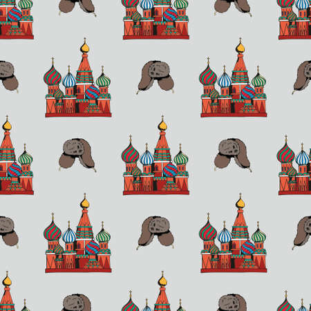 Traditional symbols of Russia. Hand drawing. Vector seamless pattern for design and decoration of cards, invitations, covers, souvenirs, packaging and wrapping paperのイラスト素材