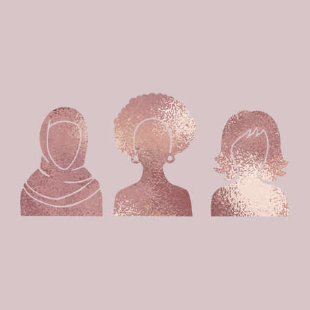 Silhouettes of women. International women. Women. Rose gold. Decorative background with a metallic effect.のイラスト素材