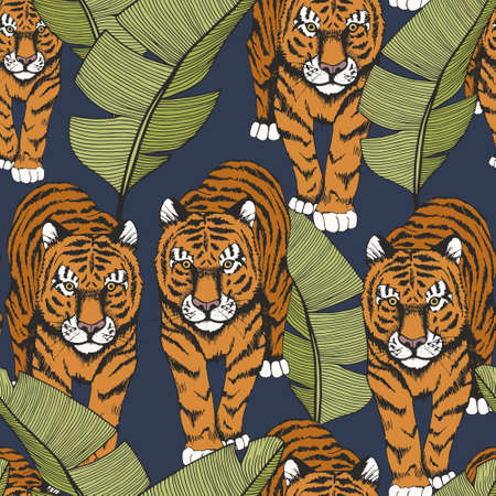 Tiger in tropical leaves. Hand drawing. Seamless pattern with tiger and banana leavesのイラスト素材