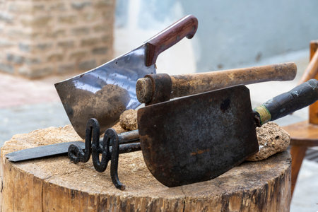 A wooden log with a knife, a pair of scissors, and a pair of pliers on top of it.