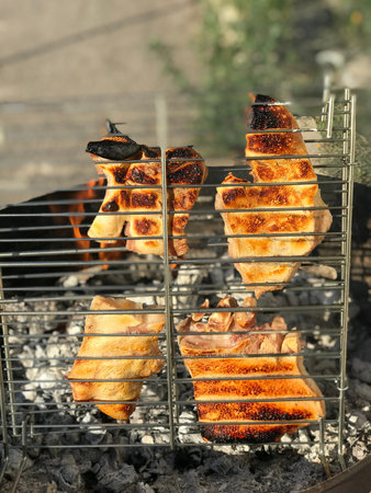 Barbecue with delicious grilled meat on barbecue grill outdoors, closeupの写真素材