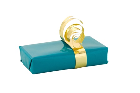 One single small blue present with gold ornamentation, on whiteの写真素材