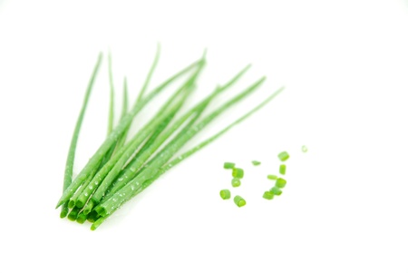 some chives on white, cut and no cutの写真素材