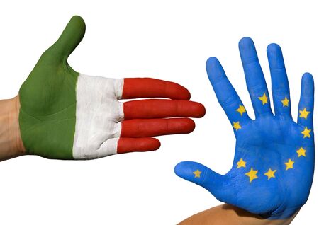 two hands symbolizing the partnership between italy and europeの写真素材