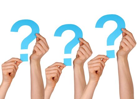 some blue question marks holding by hands, isolatedの写真素材