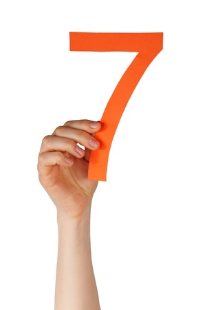 hand holding up an orange number seven, isolated
