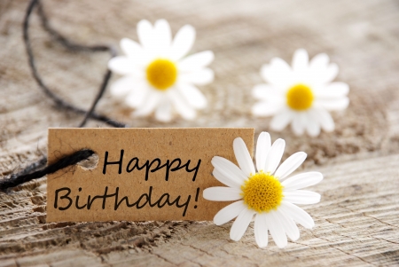 a natural looking banner with happy birthday and white blossoms as backgroundの写真素材