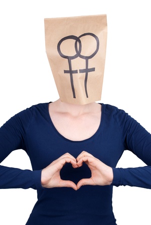 woman with paper bag with lesbian sign and showing a heart with her hands, isolatedの写真素材