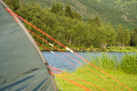 a part of a tent with the focus on the nature in the background