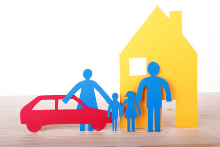 Colorful Paper Chain Family with Car and House, Isolatedの写真素材